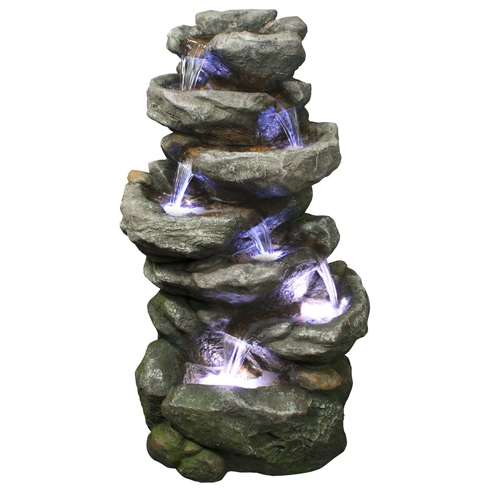 Brunnen Aus Polyresin Mit Pumpe, LED-Beleuchtung Und 10 M Kabel, Ca. 56x44x102 Cm